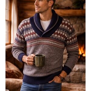 Vintage Sierra Designs Mens Shawl Collar Sweater Medium Nordic Winter Cozy Cabin